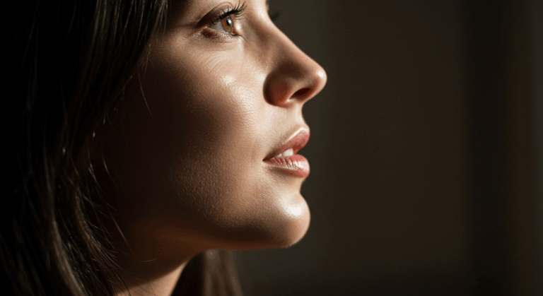 Фотография профиля женщины с каштановыми волосами и карими глазами, сделанная крупным планом на темном фоне.