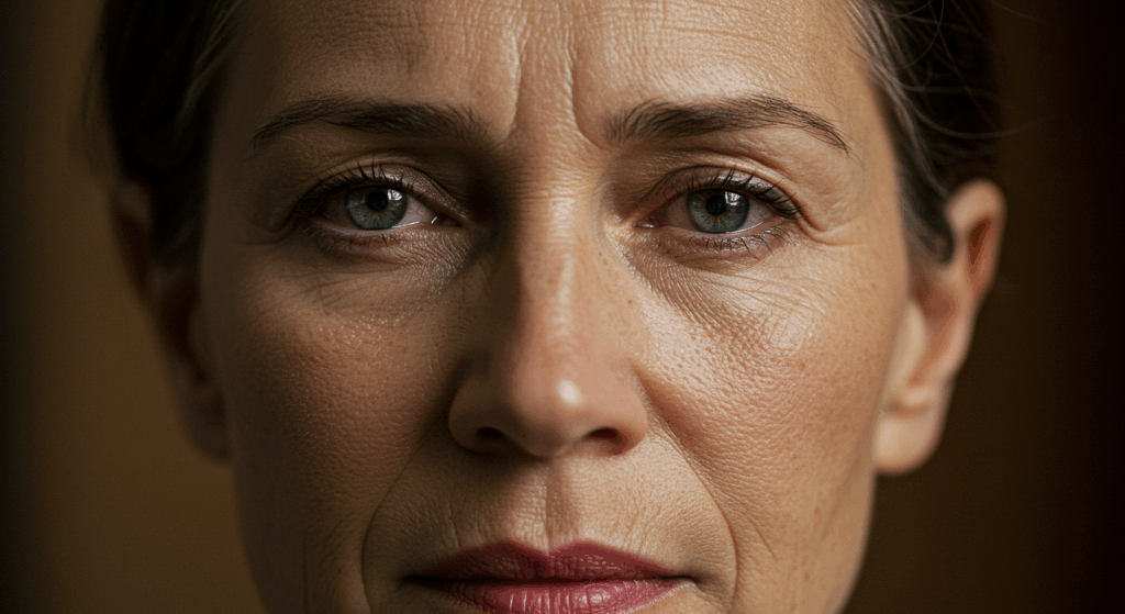 Портрет крупным планом женщины с короткими тёмными волосами и ярко-голубыми глазами. Она серьёзно смотрит прямо в камеру.