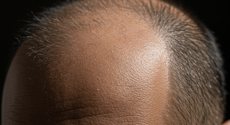 Eine Nahaufnahme der Kopfhaut einer Person mit sichtbarer Haar- und Hautstruktur.