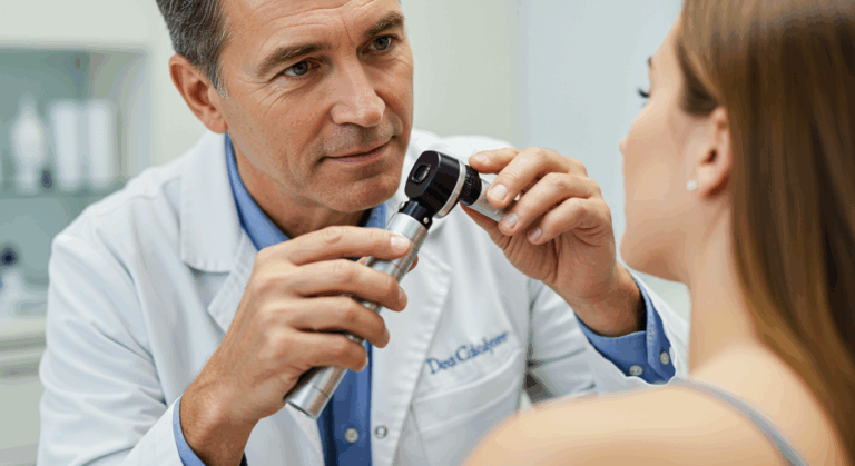 Un medico esamina l'orecchio di un paziente utilizzando un otoscopio in un contesto clinico.