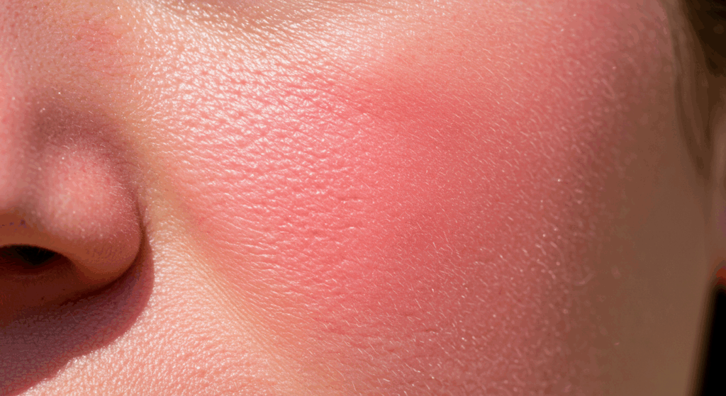 Изображение щеки человека крупным планом с видимым покраснением и раздражением, вероятно, указывающим на заболевание кожи или аллергическую реакцию.