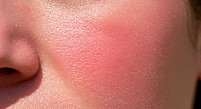 صورة مقربة لخد شخص يظهر عليه الاحمرار والتهيج، مما يشير على الأرجح إلى حالة جلدية أو رد فعل تحسسي.