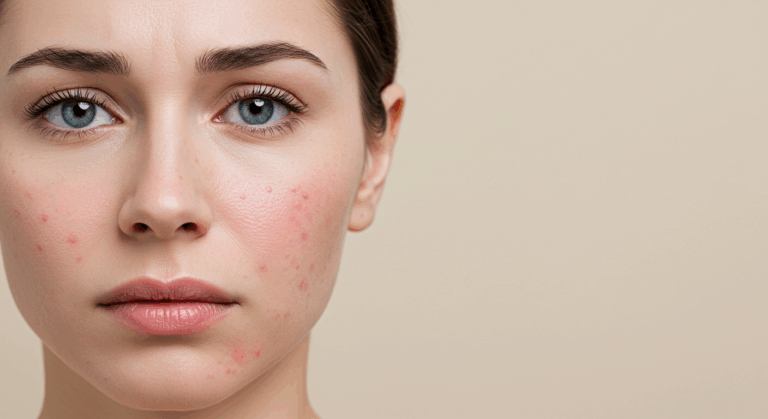 Ritratto ravvicinato di una donna con acne visibile sul viso, che guarda direttamente la fotocamera con un'espressione neutra.