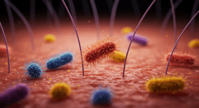 A microscopic illustration of various bacteria and microorganisms in vibrant colors, showcasing their diverse shapes and structures against a red, textured background.