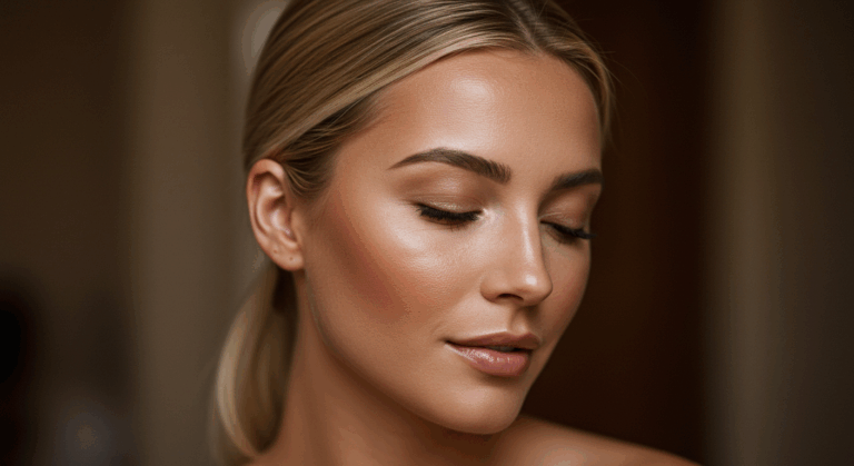 A close-up portrait of a woman with blonde hair and makeup, looking down with her eyes closed.