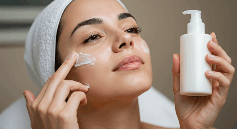 A woman applying cream on her face while holding a bottle of lotion in her other hand.