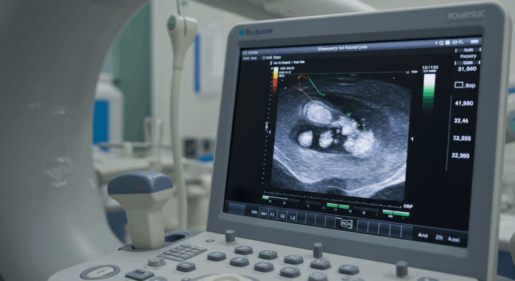 A medical imaging device displaying a detailed scan of internal body structures, likely from an ultrasound or MRI machine, with various measurement readings and graphical overlays visible on the screen.