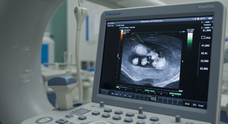 A medical imaging device displaying a detailed scan of internal body structures, likely from an ultrasound or MRI machine, with various measurement readings and graphical overlays visible on the screen.