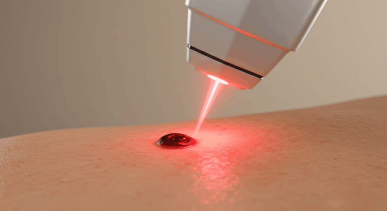 A close-up image of a laser device emitting a red beam onto a small drop of blood on human skin.