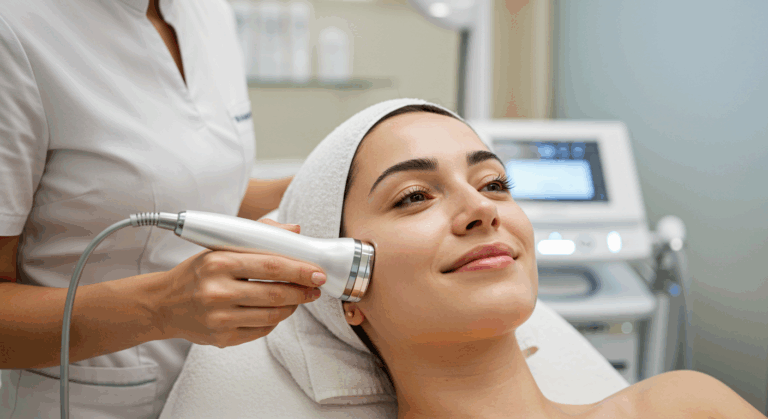 A woman receiving a facial treatment from a professional using a medical device in a clinical setting.