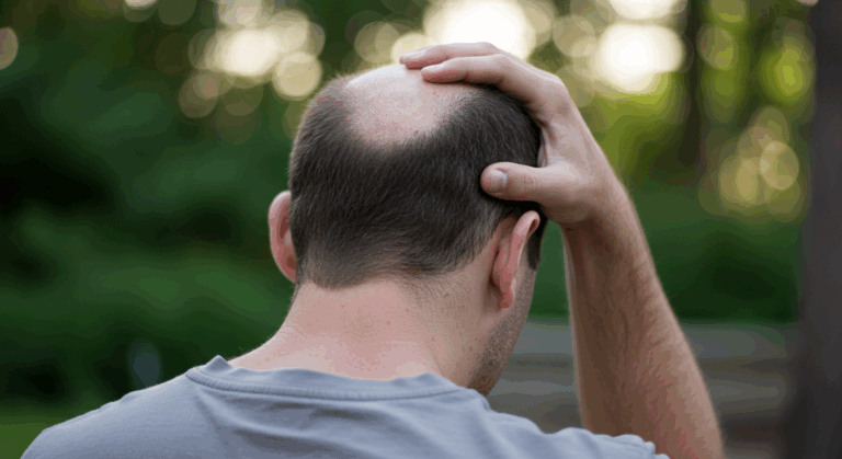 Ein Mann mit zurückweichendem Haaransatz ist von hinten zu sehen, er hält seinen Kopf mit einer Hand und scheint sich in einem Park oder einer natürlichen Umgebung zu befinden.