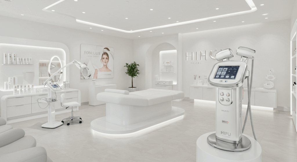 Un interior de clínica de belleza moderno y elegante con equipos avanzados para el cuidado de la piel y un diseño limpio y minimalista.