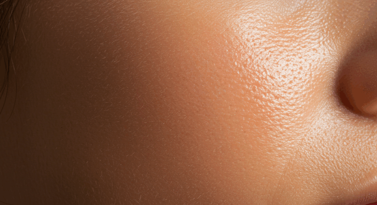 A close-up image of a person's cheek with smooth, glowing skin under sunlight.