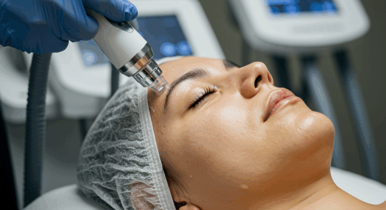 A woman receiving a facial treatment with a medical device, likely in a clinical setting.