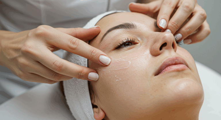 A woman receiving a facial treatment from a professional. The professional is applying a cream or mask to the woman's face using their fingers. The woman is lying down with her eyes closed, and a towel is wrapped around her head.