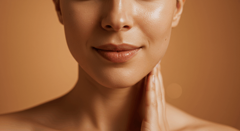 A close-up portrait of a person with smooth, clear skin, posing against a brown background.