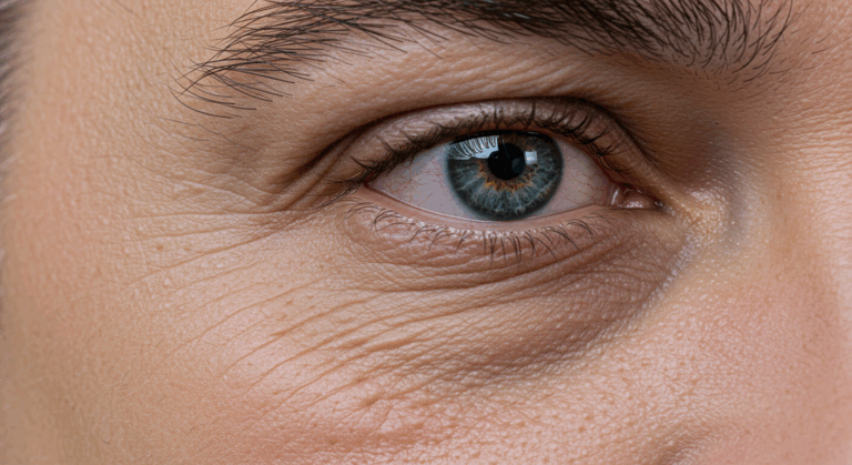 Close-up of a person's eye with visible eyelashes and detailed skin texture, highlighting the intricate patterns and colors of the iris.