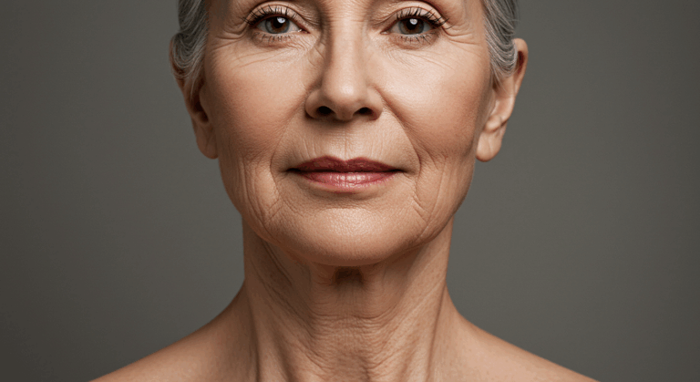 A close-up portrait of an older woman with short gray hair, looking directly at the camera with a neutral expression against a dark background.