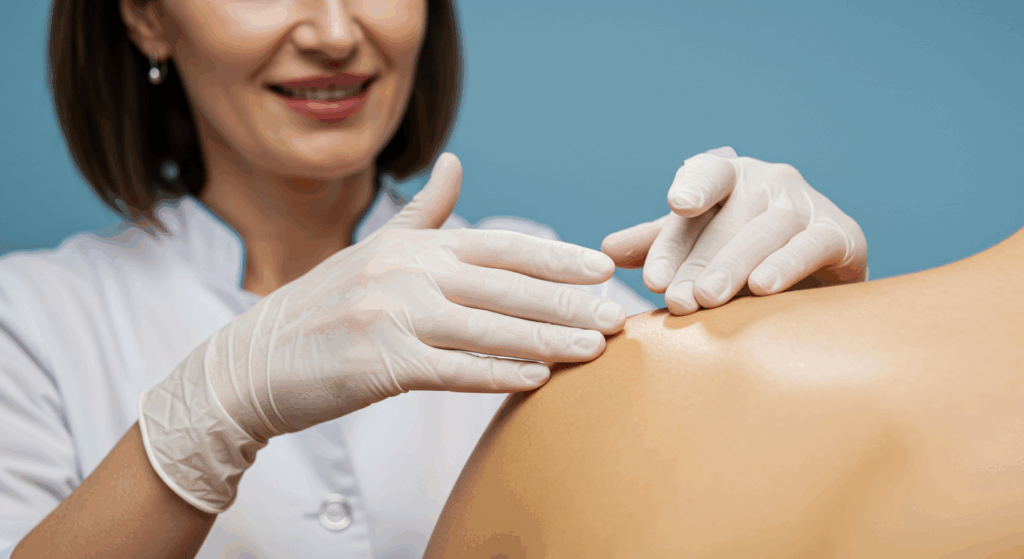 Un professionnel de la santé examine la peau d'un patient, portant des gants et utilisant un outil pour inspecter un grain de beauté ou une lésion sur le dos du patient.