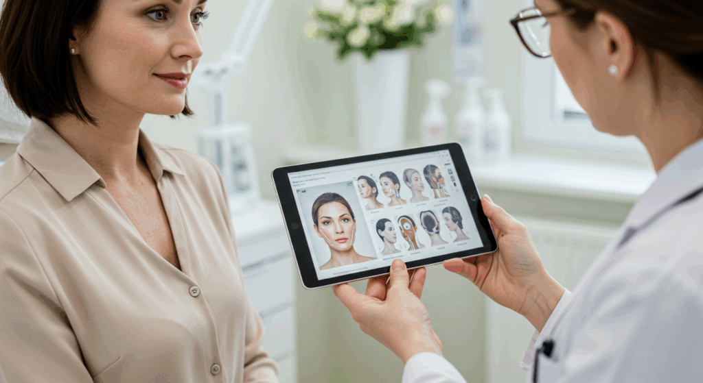 Un medico e un paziente stanno guardando un tablet su cui sono visualizzate varie immagini del viso, probabilmente per discutere di trattamenti estetici o di problemi della pelle.