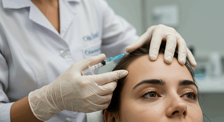 Медицинский работник делает инъекцию в лоб пациента, придерживая его голову одной рукой.