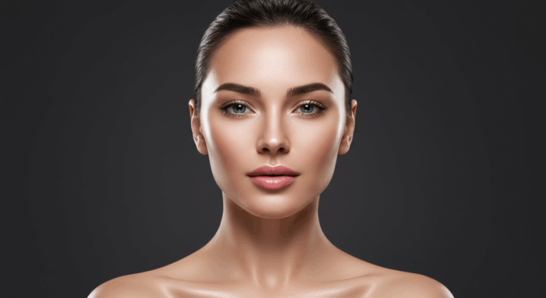 Портрет крупным планом женщины с гладкой кожей и яркими чертами лица на темном фоне.