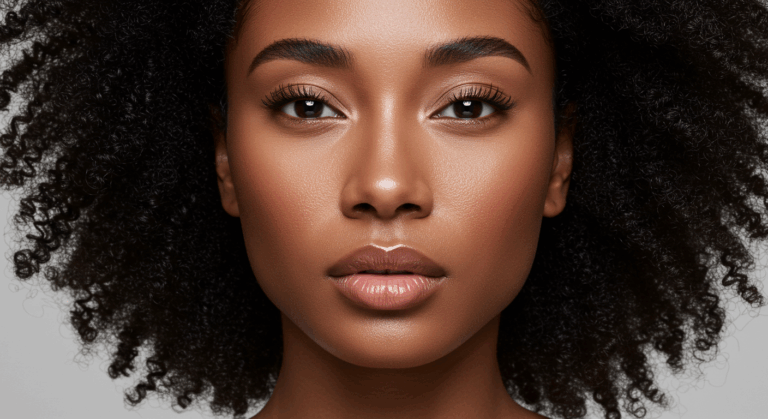Портрет крупным планом человека с вьющимися волосами и легким макияжем на однотонном фоне.