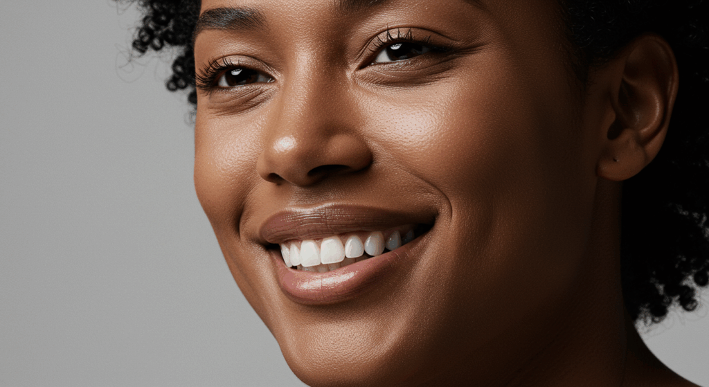 A smiling woman with curly hair, showing her teeth, and looking to the side.