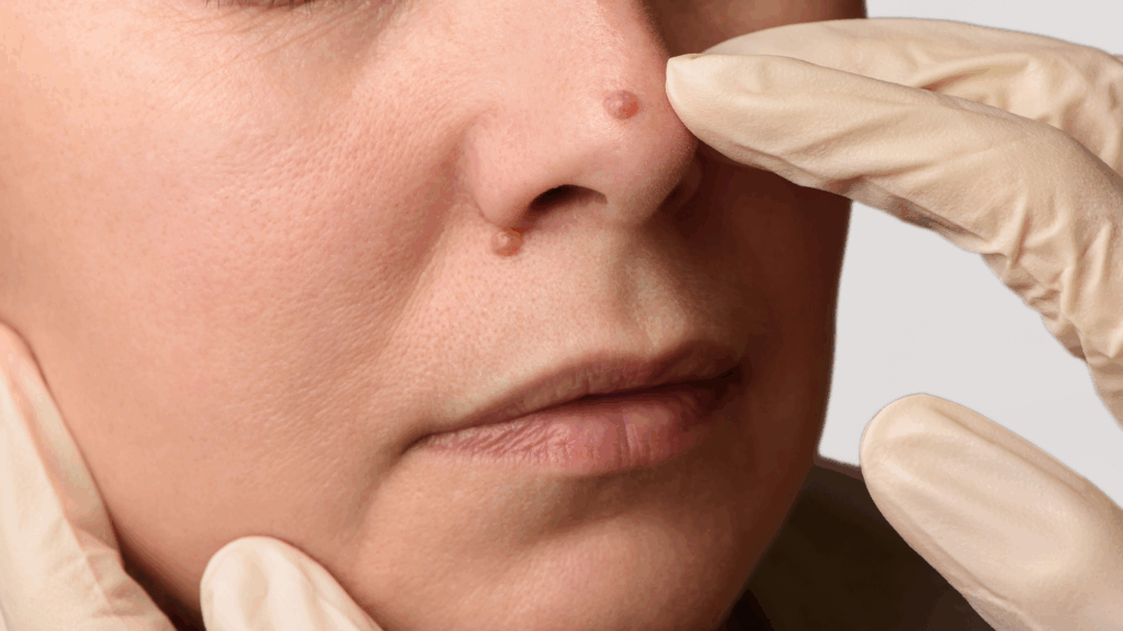 A close-up image of a person's face with a pimple on their nose, being examined by a gloved hand.