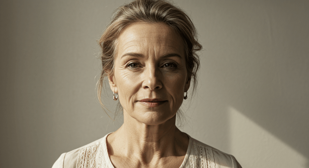 A middle-aged woman with blonde hair is posing for a portrait. She is wearing a light-colored blouse and has a neutral expression on her face. The background is a plain, light-colored wall with shadows cast on it.