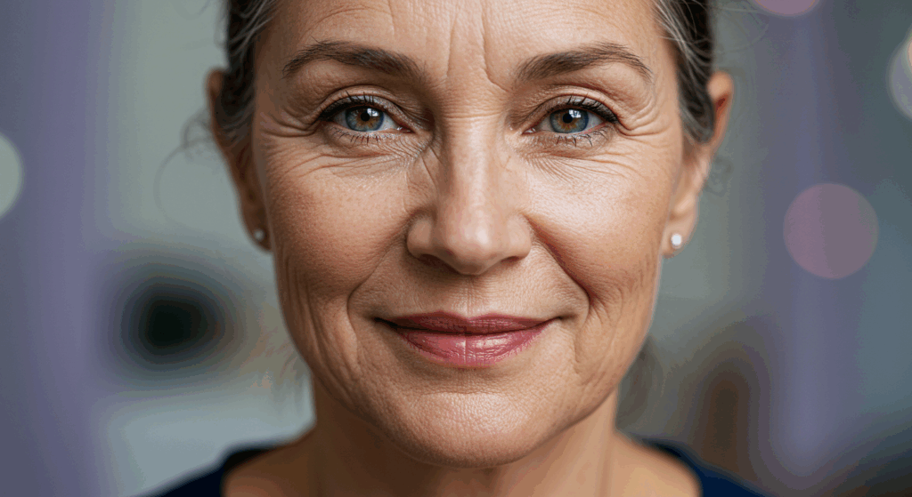 A close-up portrait of a smiling woman with blue eyes and short hair. She has visible wrinkles around her eyes and mouth, indicating maturity and wisdom. The background is blurred with colorful bokeh effects.