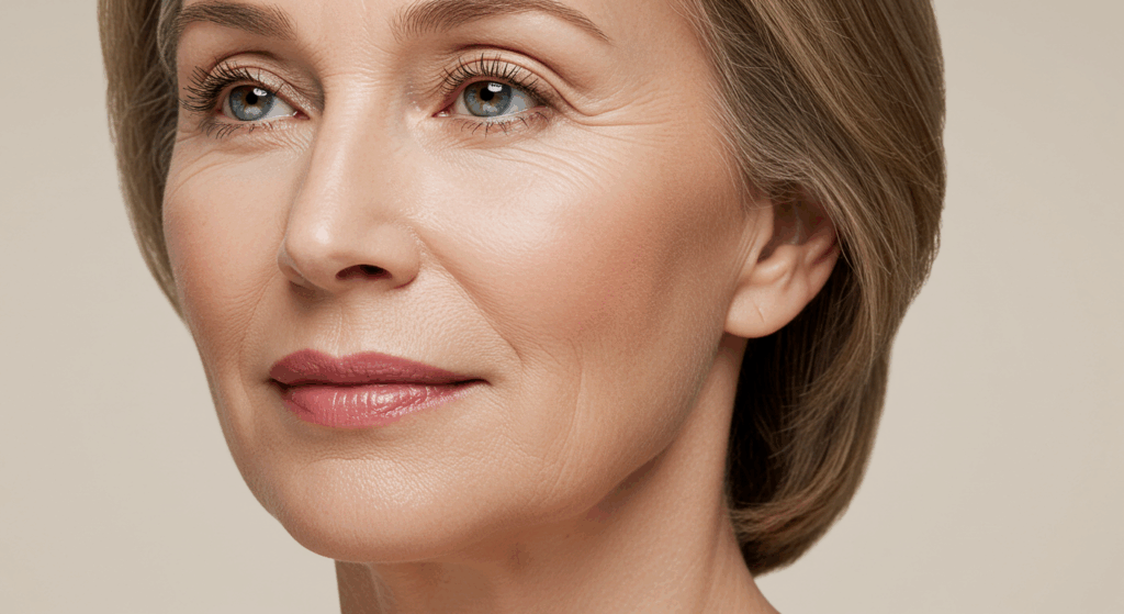 Ein Nahaufnahmeporträt einer Frau mittleren Alters mit kurzen braunen Haaren und blauen Augen, die mit neutralem Gesichtsausdruck zur Seite blickt.