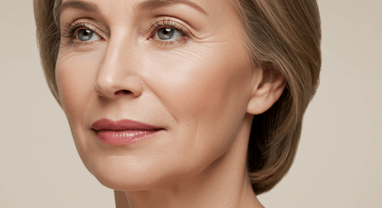 Ritratto ravvicinato di una donna di mezza età con corti capelli castani e occhi azzurri, che guarda di lato con un'espressione neutra.