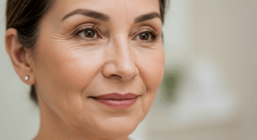 A close-up portrait of a middle-aged woman with a warm smile, looking directly at the camera. She has brown eyes, dark hair pulled back, and is wearing earrings. The background is blurred, focusing attention on her face.