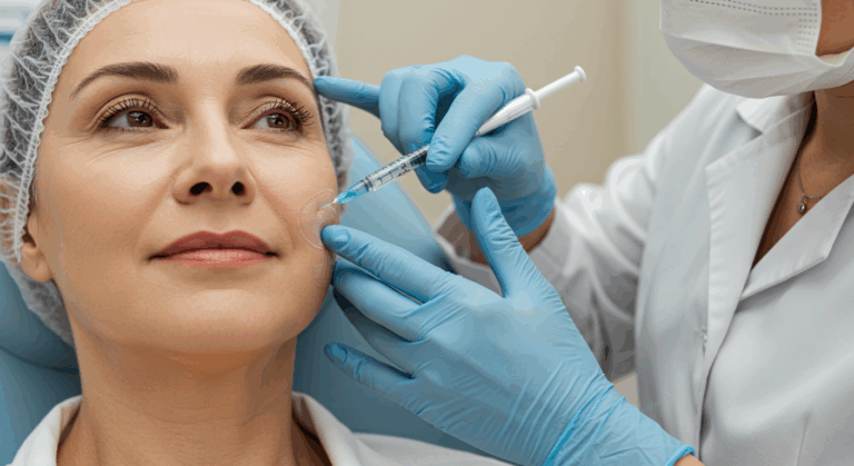 Un medico che pratica un'iniezione al viso di un paziente indossando la tuta medica.