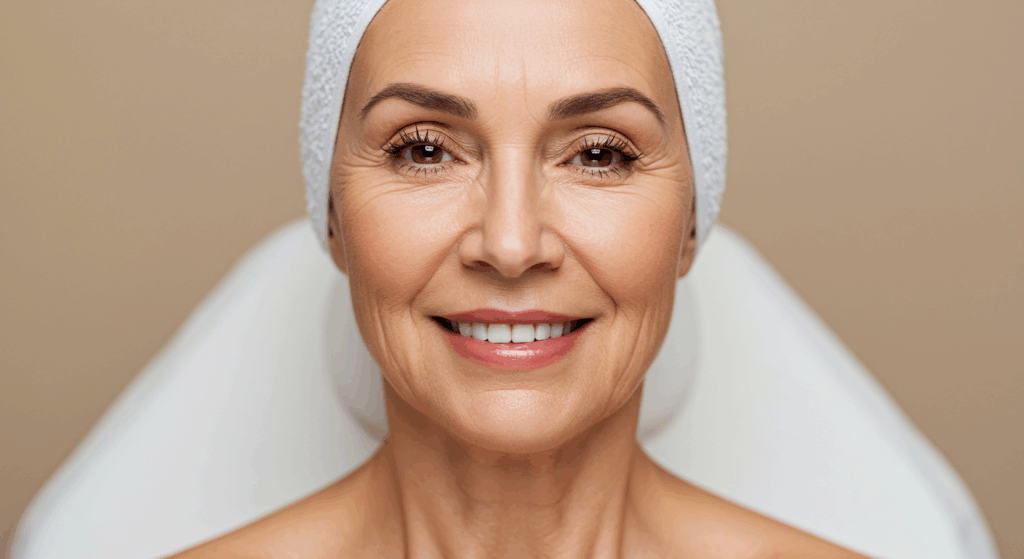 A smiling older woman wearing a white headscarf.