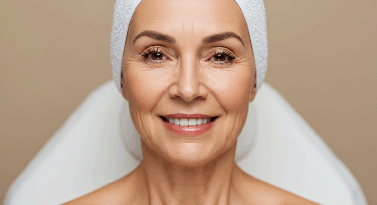 Una donna anziana sorridente che indossa un velo bianco.