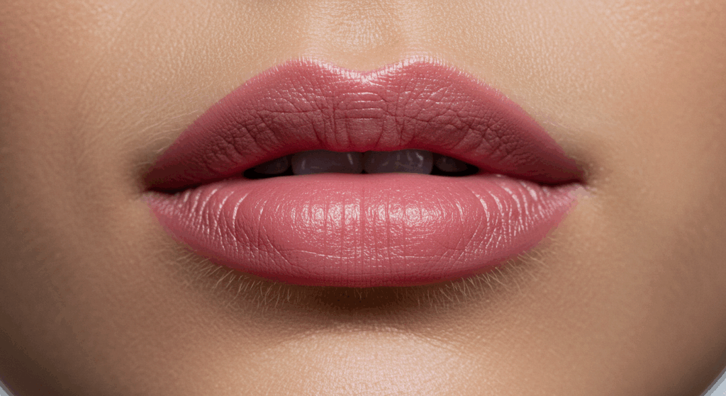Крупный план губ женщины с матовой помадой теплого нюдового оттенка.