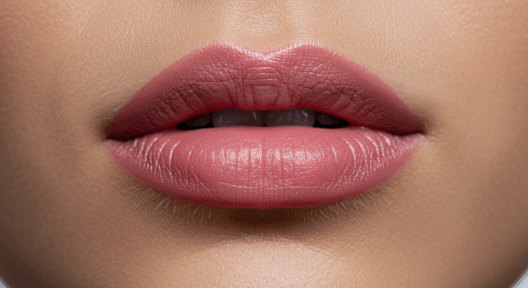 Крупный план губ женщины с матовой помадой теплого нюдового оттенка.