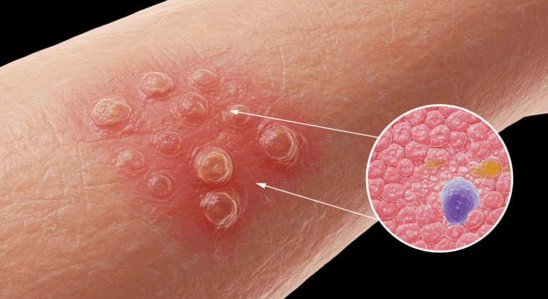 An image showing a skin condition with raised, fluid-filled blisters on a patch of irritated skin. There is a magnified inset highlighting cellular structures, including what appears to be a virus particle within a cell.