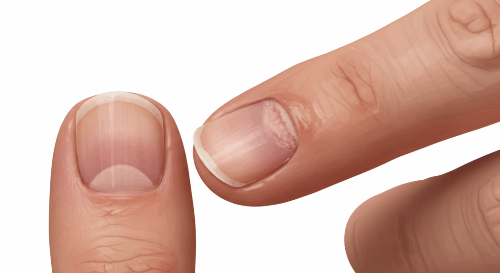 Immagine che mostra un primo piano di unghie con segni visibili di micosi, tra cui scolorimento e irregolarità nella struttura dell'unghia.