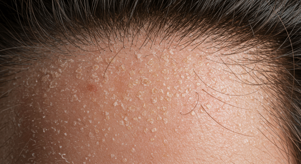 A close-up image of a person's scalp showing signs of irritation and numerous small bumps, likely indicating a skin condition.