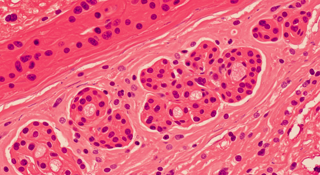 A microscopic image of tissue with visible cellular structures, stained in red and purple hues to highlight different components.