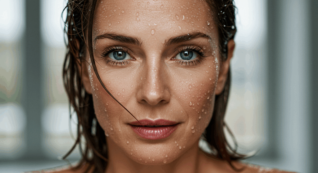 A close-up portrait of a woman with wet hair and water droplets on her face, looking directly at the camera with a neutral expression.