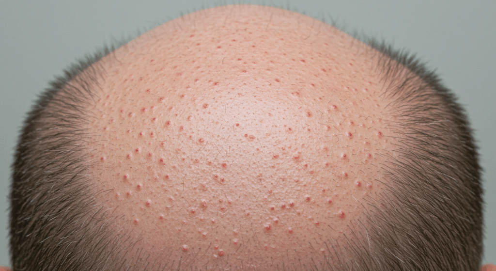 A close-up image of the back of a person's head showing a scalp with numerous small, red bumps.