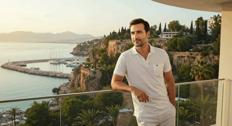 Ein Mann steht auf einem Balkon mit Blick auf einen Hafen mit Booten und einer Küstenstadt im Hintergrund.