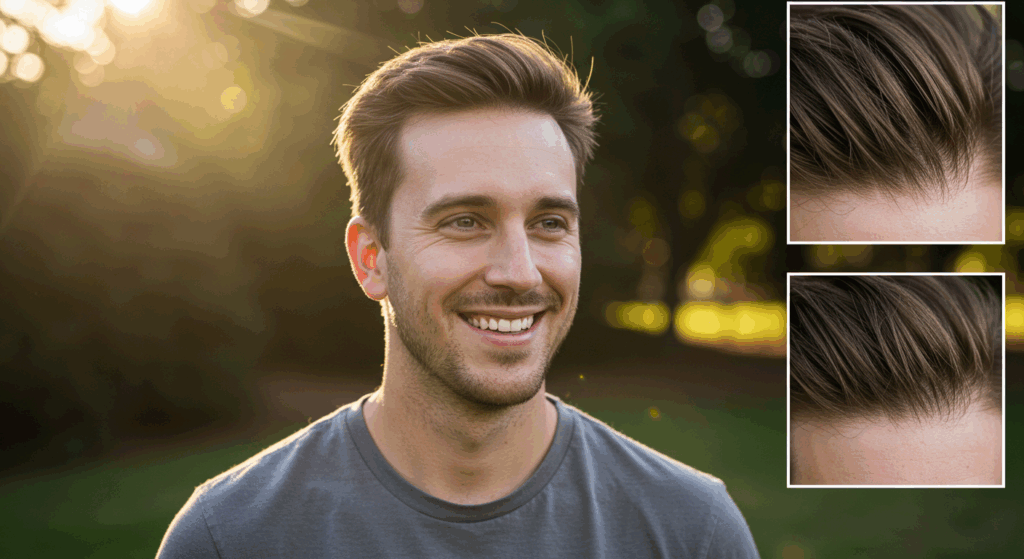 Ein Mann mit zurückweichendem Haaransatz, der im Freien lächelt, mit zwei Nahaufnahmen seines Haaransatzes.