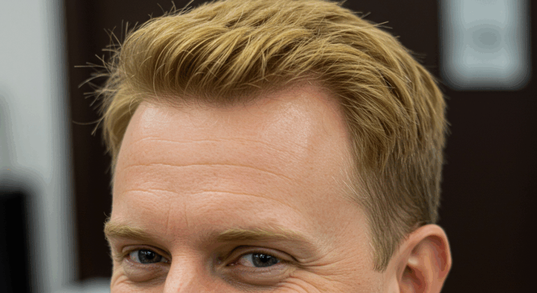 Eine Nahaufnahme einer Person mit blondem Haar, die zur Seite blickt. Die Person hat helle Haut und trägt ein dunkles Hemd. Der Hintergrund ist unscharf, wodurch der Fokus auf das Gesicht der Person gerichtet ist.