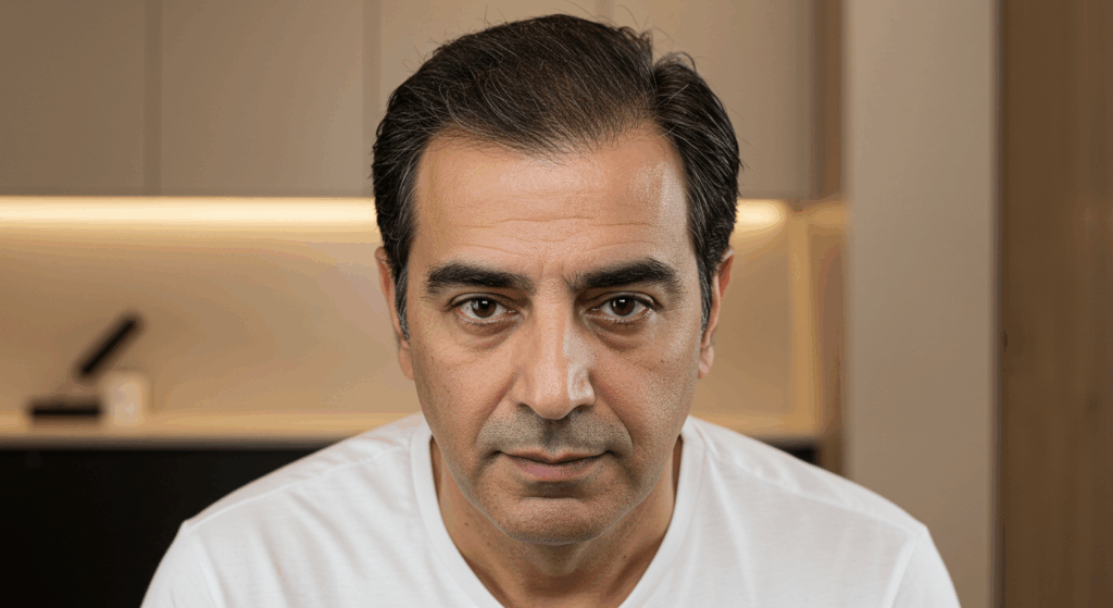 Ein Mann mit dunklem Haar und weißem Hemd blickt mit ernster Miene direkt in die Kamera.