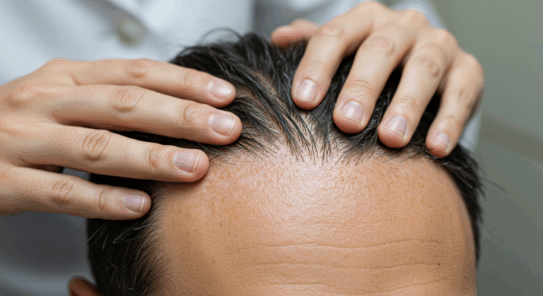 Eine Person liegt mit ihren Händen auf dem Kopf einer anderen Person, möglicherweise untersucht oder behandelt sie die Kopfhaut. Das Bild scheint in einem klinischen Umfeld aufgenommen worden zu sein.